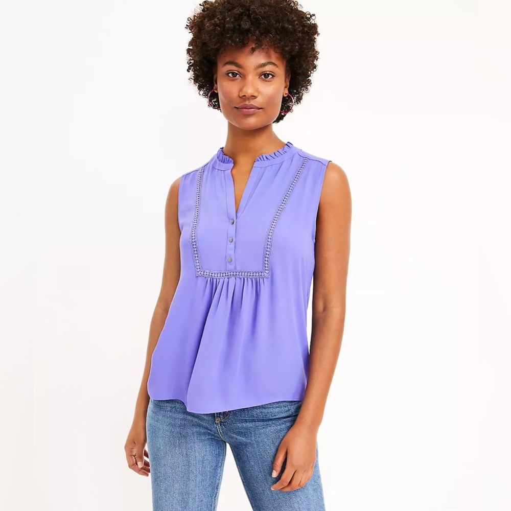 LOFT Purple Pleated Mix Media Blouse with Mandarin Collar